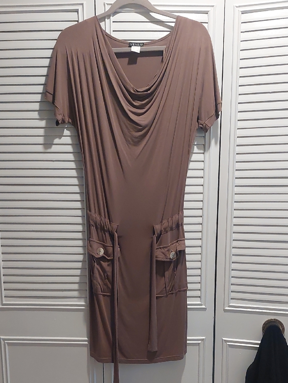 VENUS Brown Cowl-Neck Short Dress with Pockets